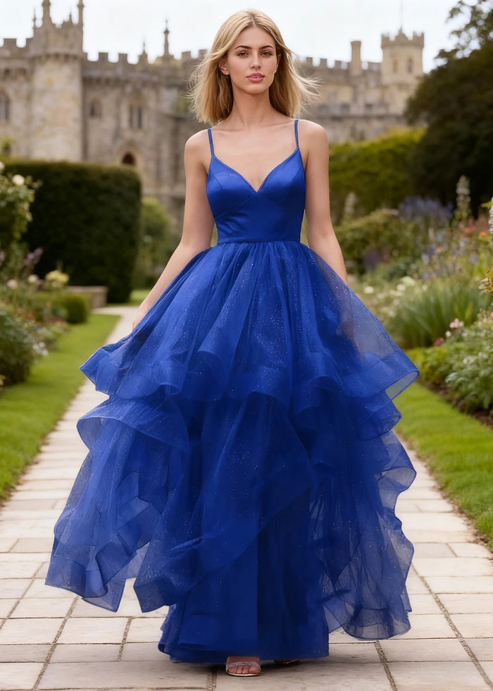 Ella Royal Blue Glitter Tulle Ruffled Prom Dress | A - Line Spaghetti Strap V - Neck Wedding Guest Dress - Royal Blue - PromDressClub