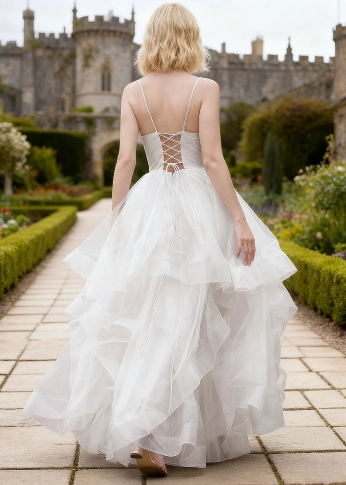 Ella White Glitter Tulle Ruffled Prom Dress | A - Line Spaghetti Strap V - Neck Wedding Guest Dress - White - PromDressClub