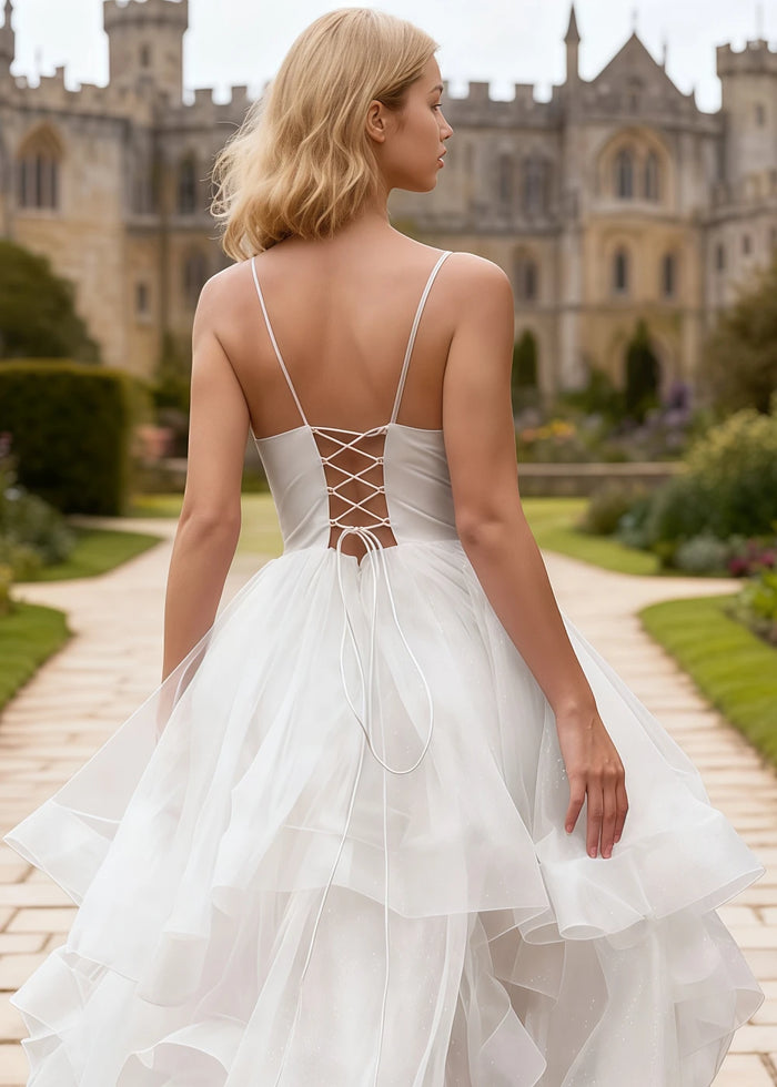 Ella White Glitter Tulle Ruffled Prom Dress | A - Line Spaghetti Strap V - Neck Wedding Guest Dress - White - PromDressClub