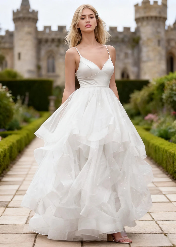 Ella White Glitter Tulle Ruffled Prom Dress | A - Line Spaghetti Strap V - Neck Wedding Guest Dress - White - PromDressClub