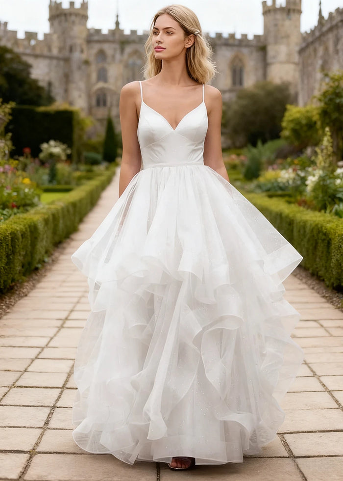 Ella White Glitter Tulle Ruffled Prom Dress | A - Line Spaghetti Strap V - Neck Wedding Guest Dress - White - PromDressClub