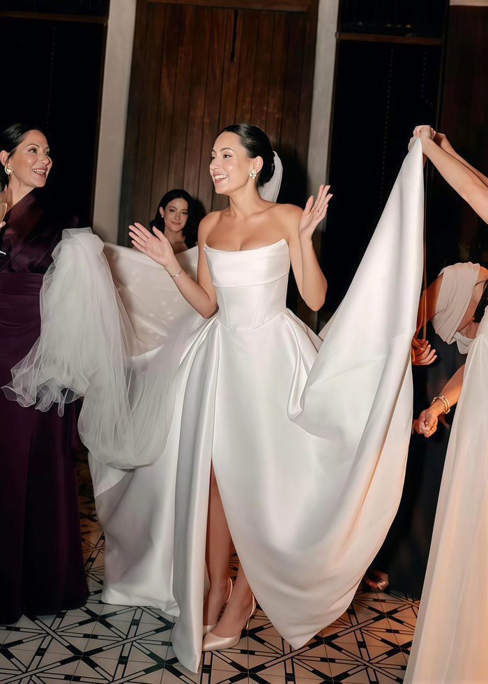 Ella | Classic A - Line Strapless Corset Backless Long White Satin Wedding Dress with Slit and Court Train - Price #price_variant_lowest# - White - PromDressClub