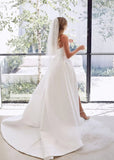 Elma | Elegant A - Line Strapless Backless White Satin Wedding Dress Train with Slit - White - PROMDRESS Club