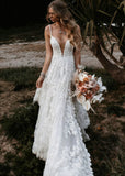 Elsie | Boho Spaghetti Straps A Line Appliques Lace White Wedding Dress Train with Slit - White - PROMDRESS Club