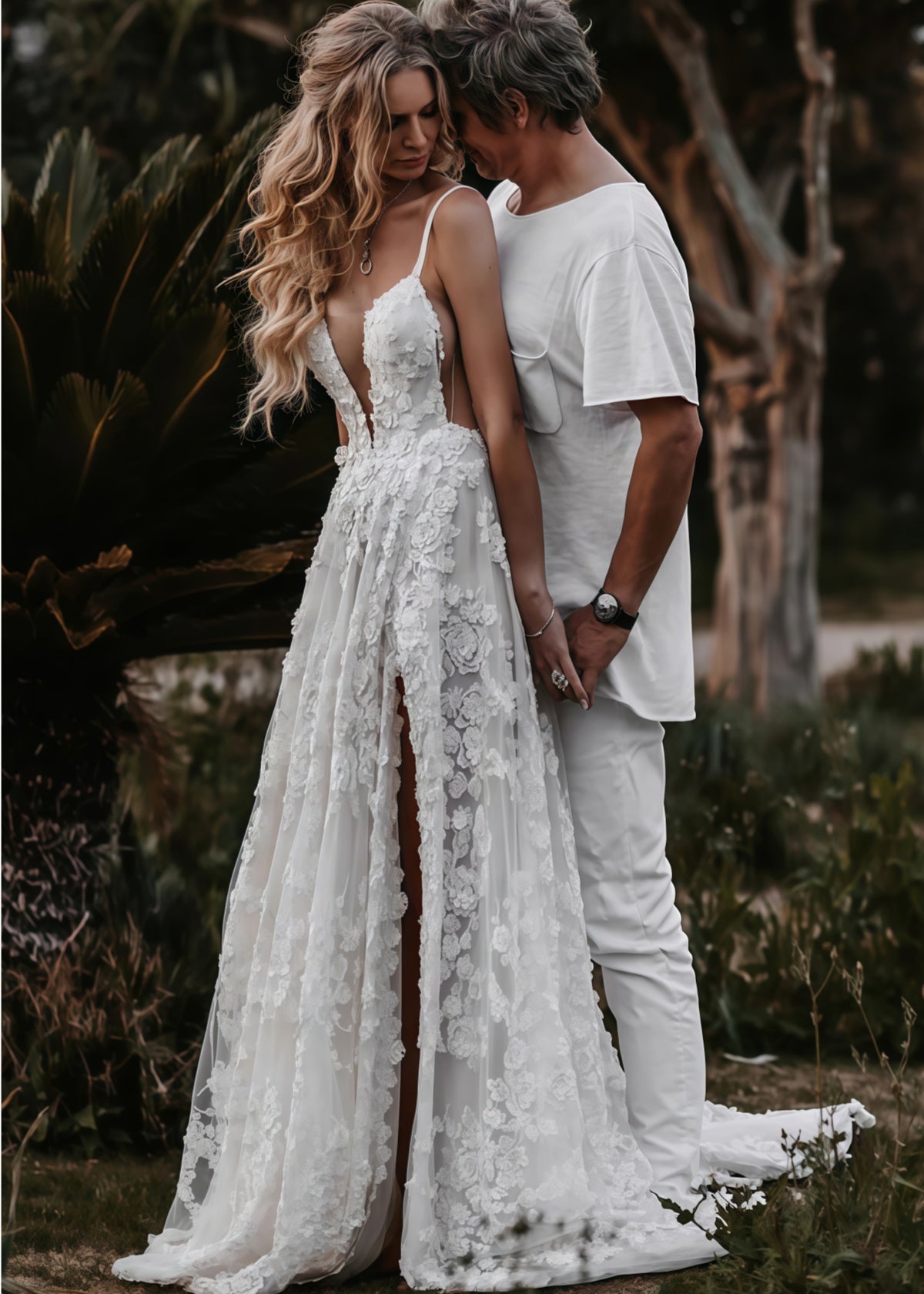 Elsie | Boho Spaghetti Straps A Line Appliques Lace White Wedding Dress Train with Slit - White - PROMDRESS Club