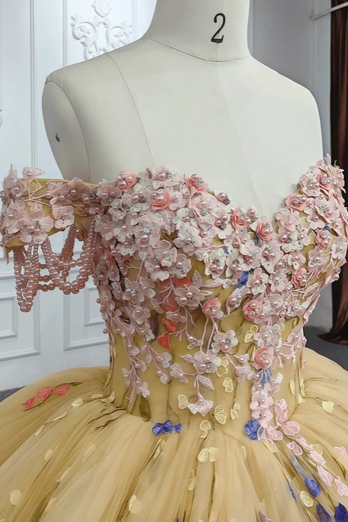 Elsie | Stunning Champagne Beaded 3D Flower Quinceanera Dresses for Special Occasions - Champagne - PromDressClub