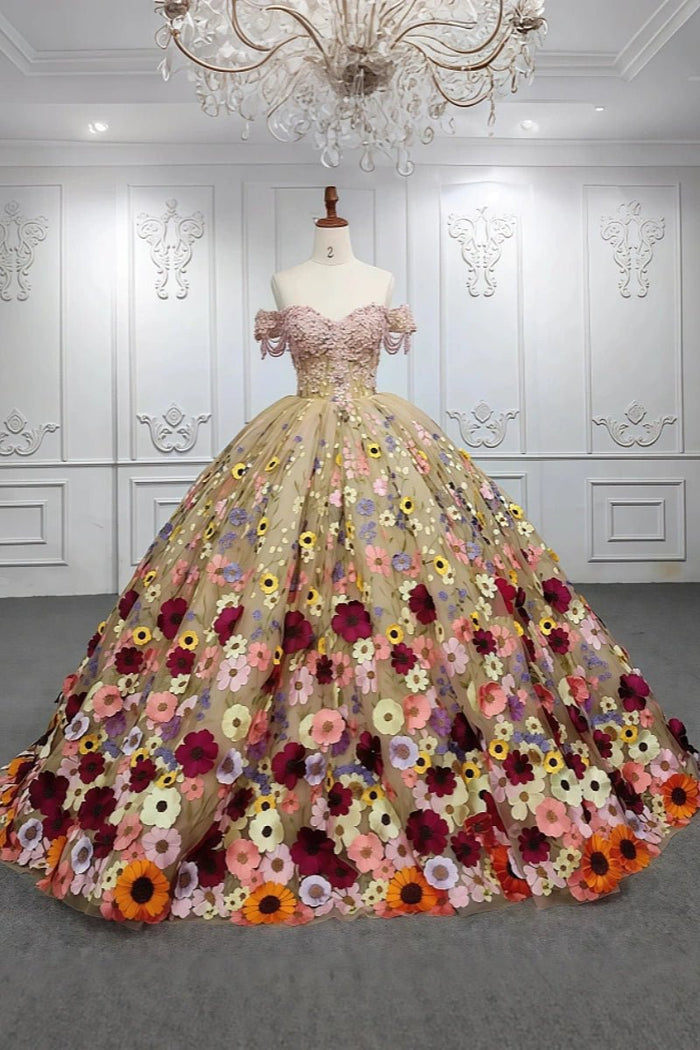 Elsie | Stunning Champagne Beaded 3D Flower Quinceanera Dresses for Special Occasions - Champagne - PromDressClub