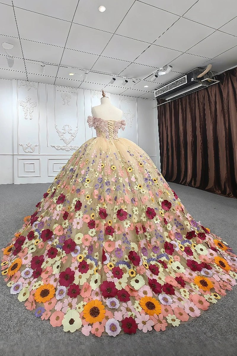 Elsie | Stunning Champagne Beaded 3D Flower Quinceanera Dresses for Special Occasions - Champagne - PromDressClub