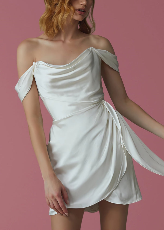 Elvira | Glamorous Off the Shoulder Pleated Backless Short White Silk Wedding Dress - Price #price_variant_lowest# - White - PromDressClub