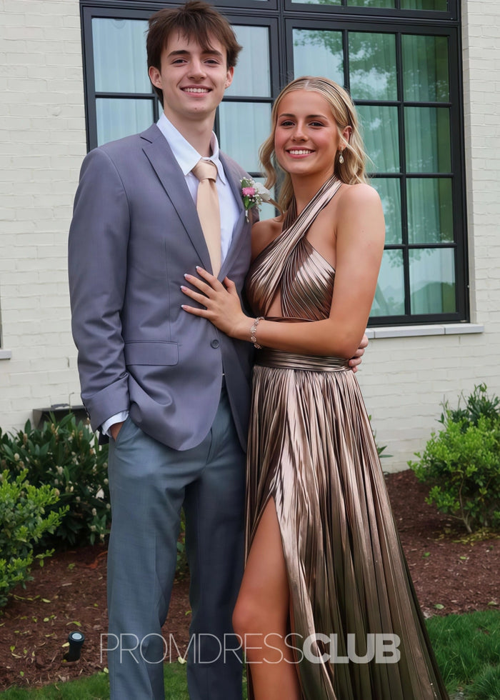 Elvira |Long Emerald Green Prom Dress Metallic With Halter Neck A Line Pleated Criss Slit - RosyBrown - PromDressClub