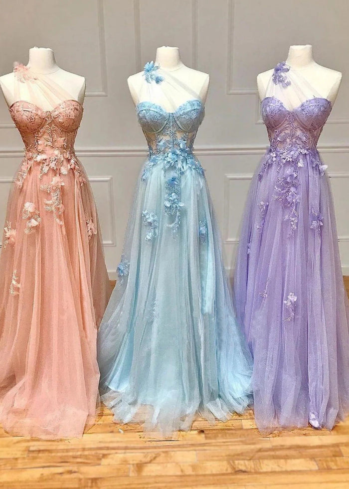 Emily | Light Pink Black Lace A Line One Shoulder Tulle Prom Dress Split - Blush - PromDressClub