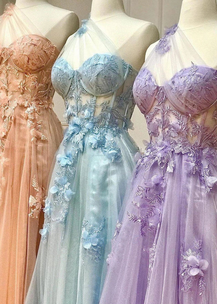 Emily | Light Pink Black Lace A Line One Shoulder Tulle Prom Dress Split - Lavender - PromDressClub