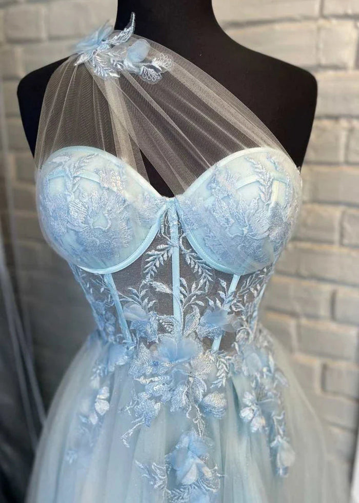 Emily | Light Pink Black Lace A Line One Shoulder Tulle Prom Dress Split - Lavender - PromDressClub