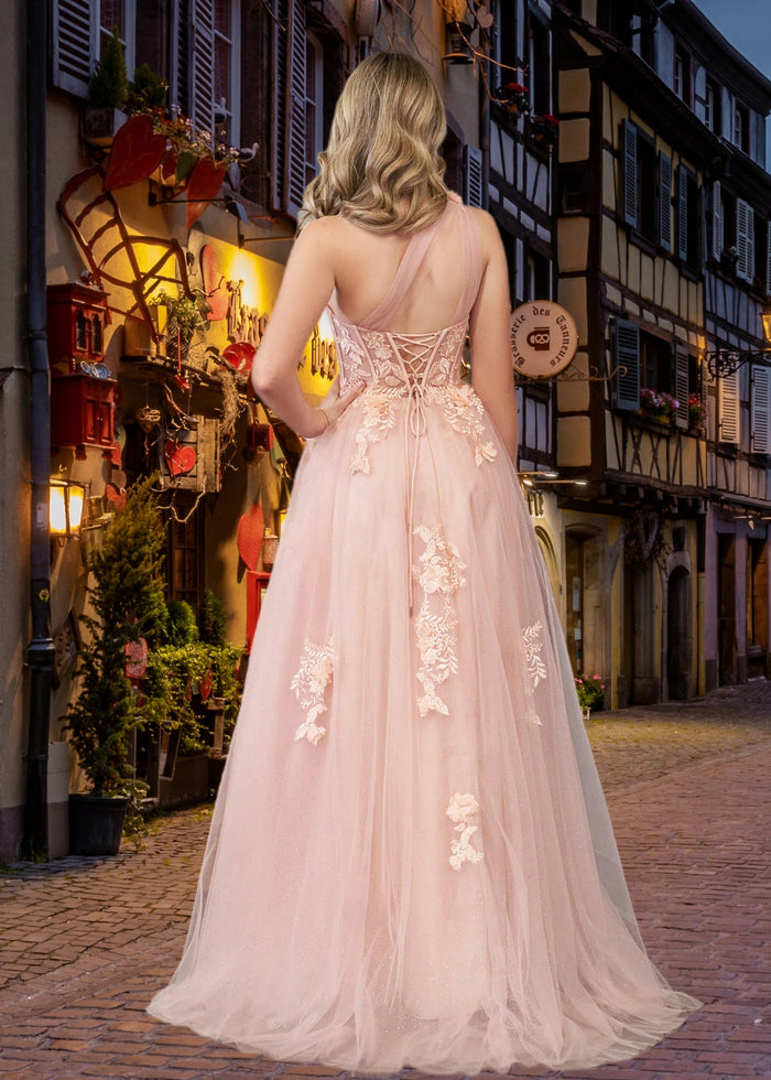 Emily | Light Pink Black Lace A Line One Shoulder Tulle Prom Dress Split - Light Pink - PromDressClub