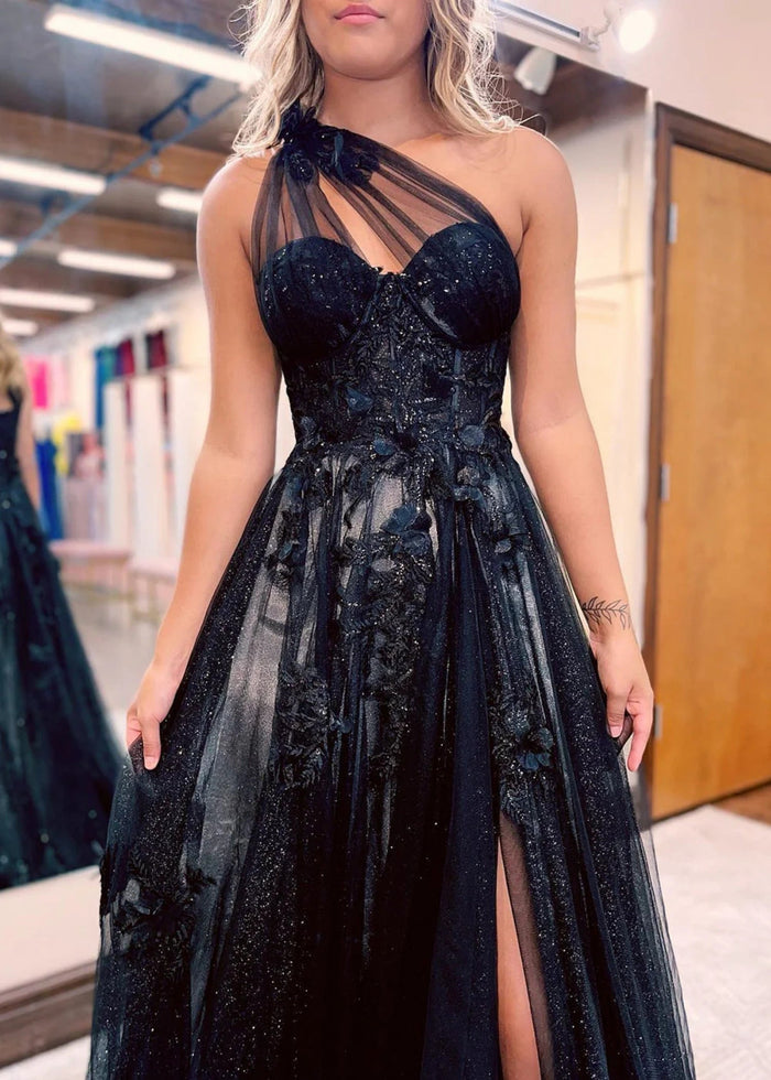 Emily | Light Pink Black Lace A Line One Shoulder Tulle Prom Dress Split - Light Pink - PromDressClub