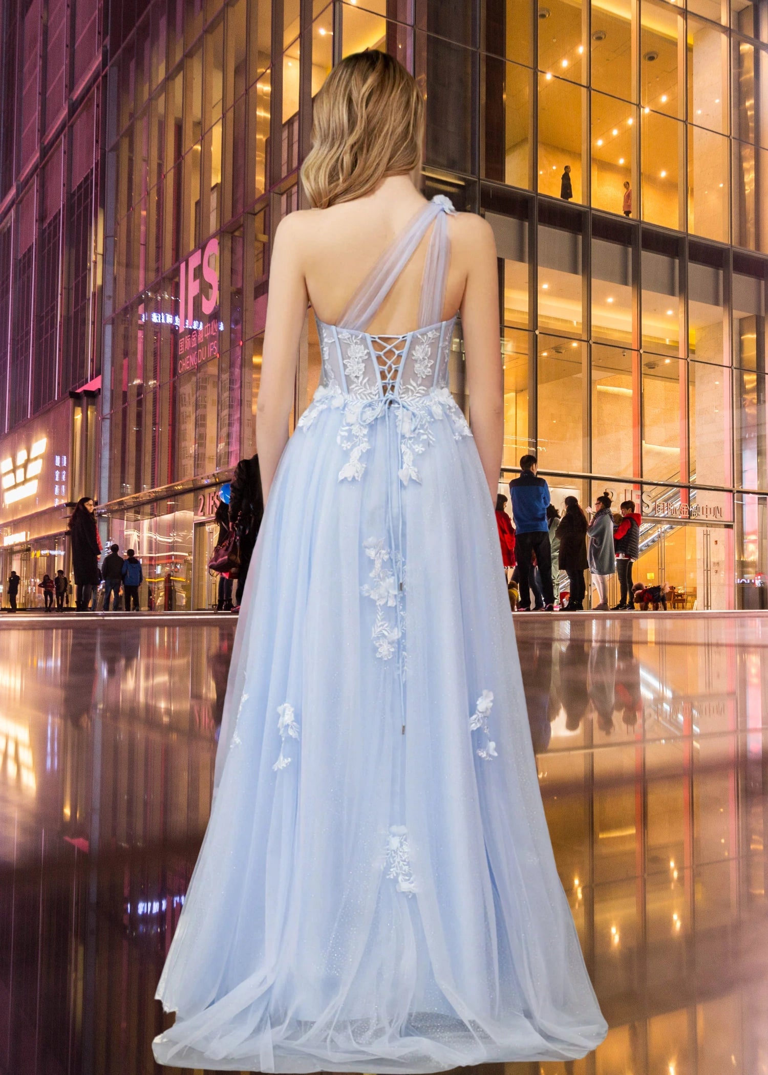 Emily |One Shoulder A Line Pink Lace Long Prom Dress with Appliques - Sky Blue - US0 - PromDressClub