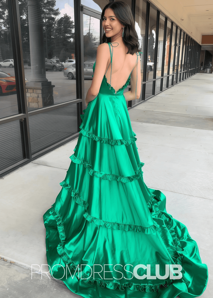 Emma |A - Line Long Green Prom Dresses V - Neck Satin Tiered Corset with Slit - Green - PromDressClub