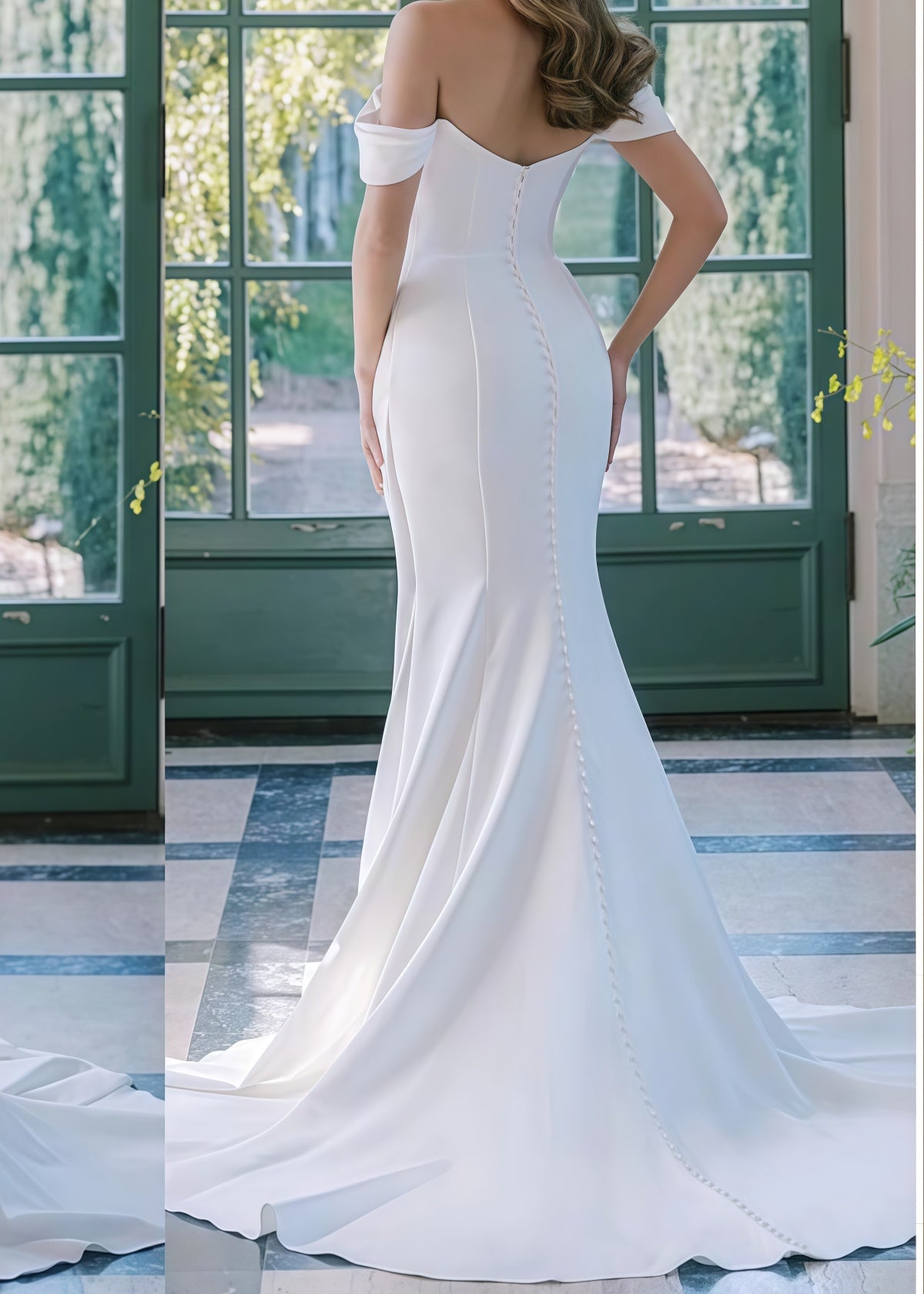 Emma | Modern Mermaid Off the Shoulder Backless Long White Chiffon Wedding Dress Train with Buttons - White - PROMDRESS Club