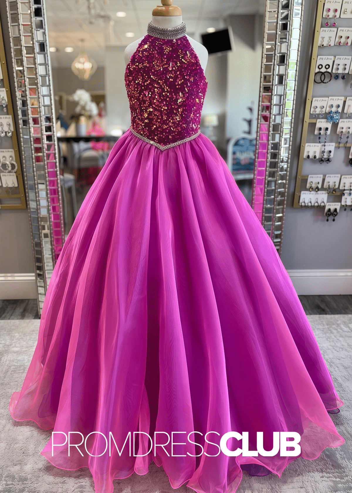 Emma | Pink Sequin Pageant Dresses for Girls - Hot Pink - PromDressClub