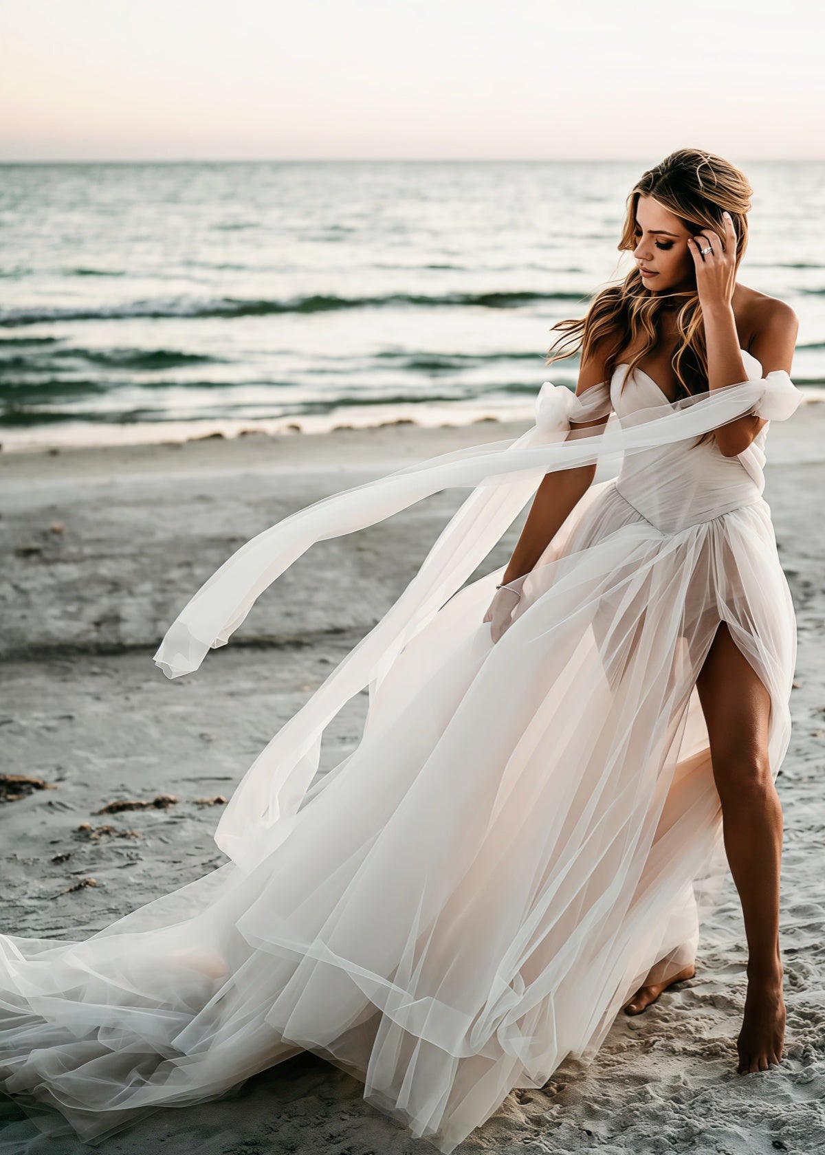 Enid | Glamorous Beach Off the Shoulder A Line Champagne Tulle Wedding Dress with Slit - Champagne - PROMDRESS Club