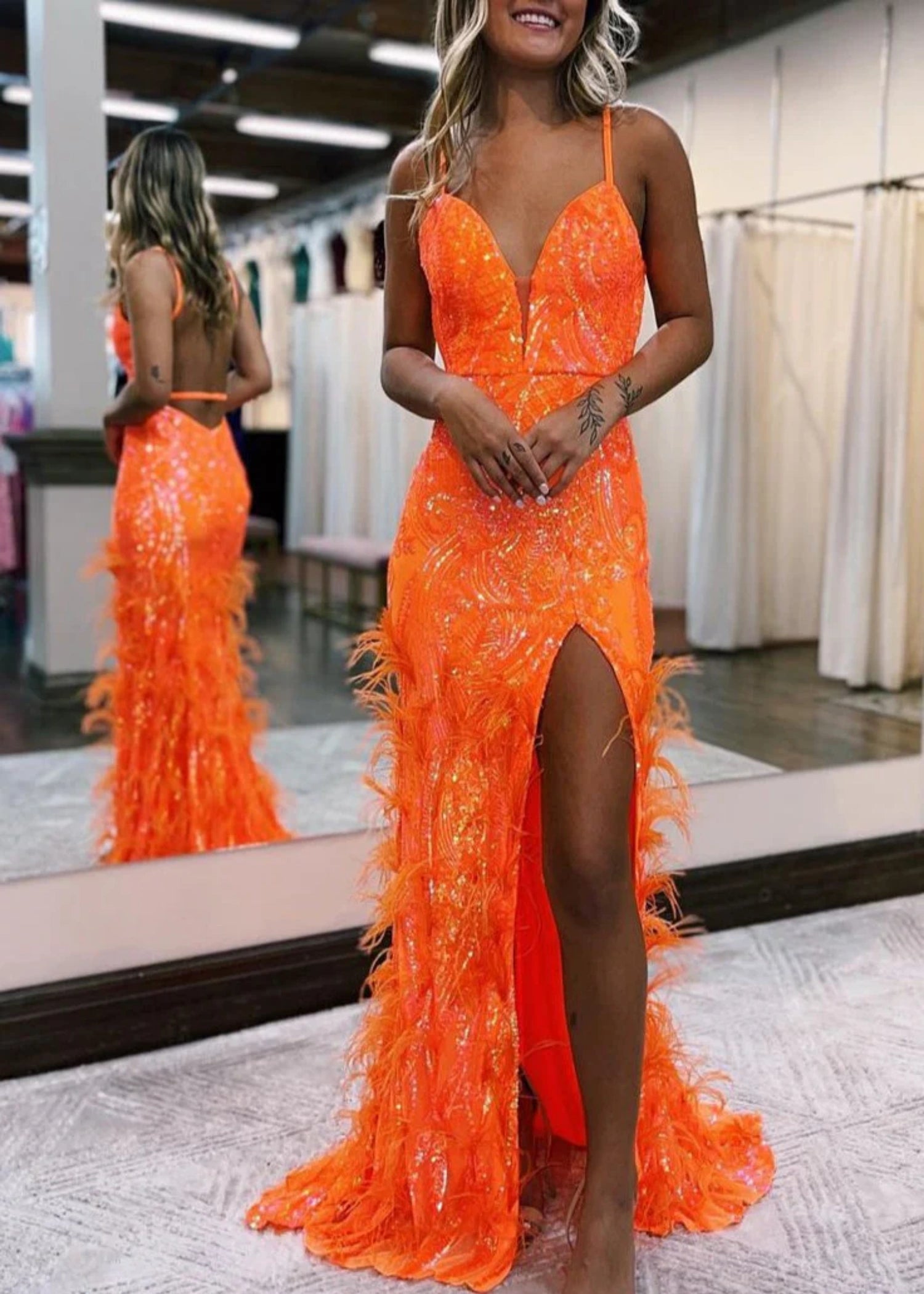 Enid |Mermaid V Neck Blue Sequin Lace Plus Size Long Prom Dresses with Slit - Orange - US0 - PromDressClub