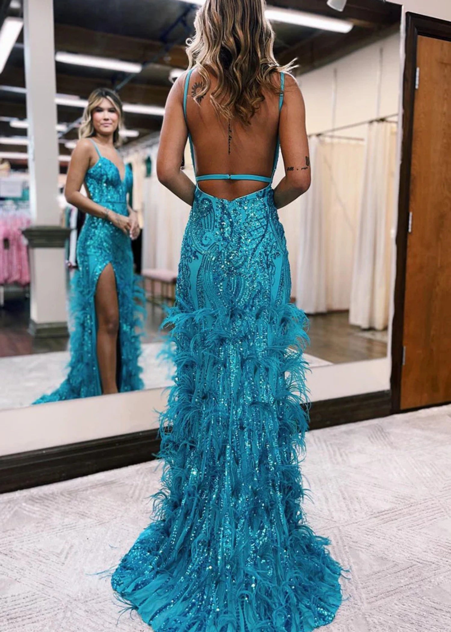 Enid |Mermaid V Neck Blue Sequin Lace Plus Size Long Prom Dresses with Slit - Peacock - US0 - PromDressClub