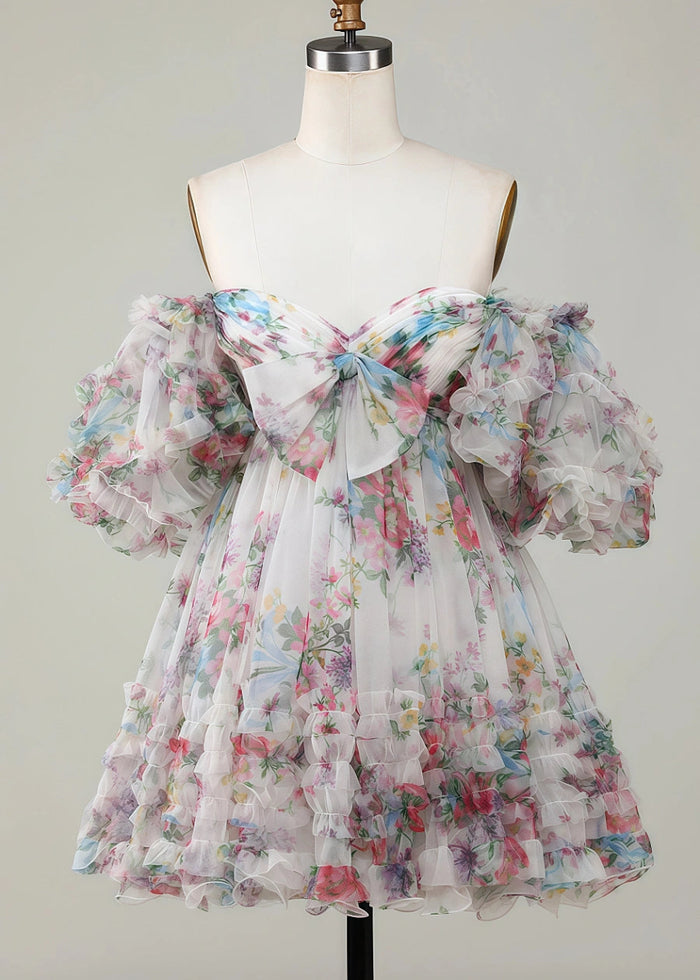 Erendira | Floral Homecoming Dresses: Stand Out with Ruffles and Off the Shoulder Design - White Floral - PromDressClub