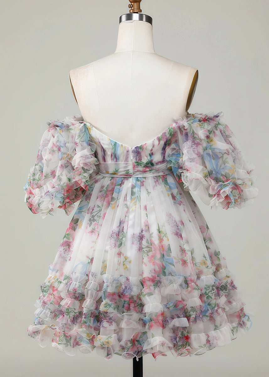 Erendira | Floral Homecoming Dresses: Stand Out with Ruffles and Off the Shoulder Design - White Floral - PromDressClub