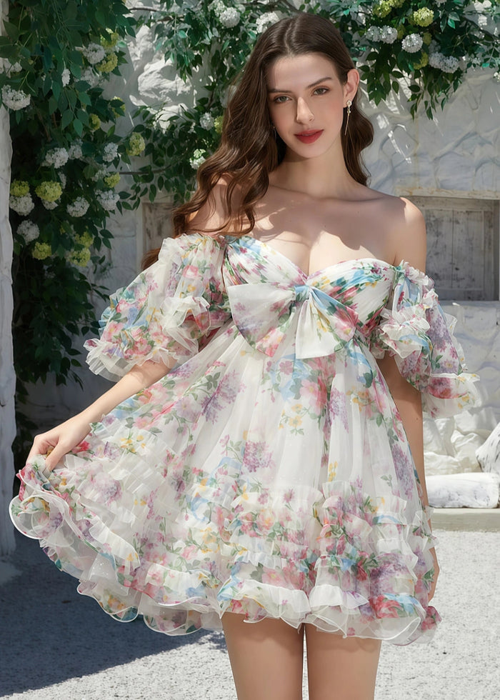 Ereshkigal | Dreamy Floral Homecoming Dress: Ruffles & Off the Shoulder Elegance - White Floral - PromDressClub
