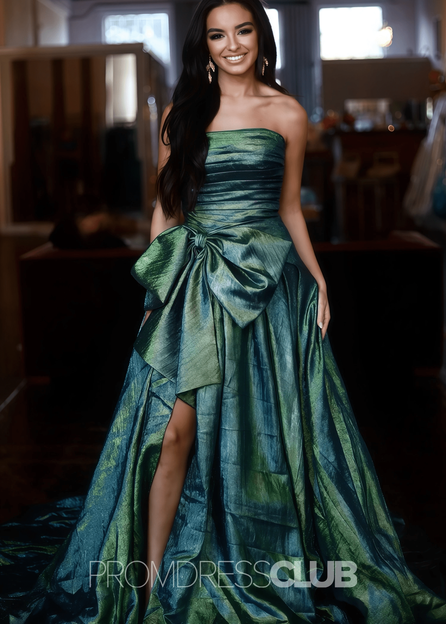 Erica |Long Royal Blue Prom Dress Metallic With A Line Strapless Bow - Emerald Green - PromDressClub