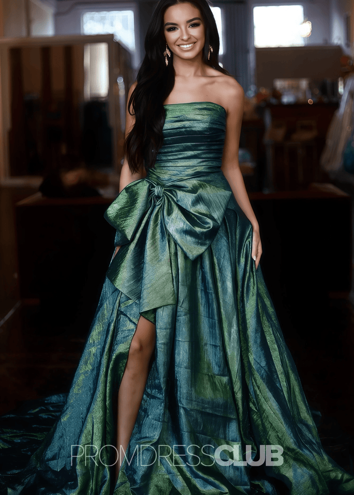 Erica |Long Royal Blue Prom Dress Metallic With A Line Strapless Bow - Emerald Green - PromDressClub