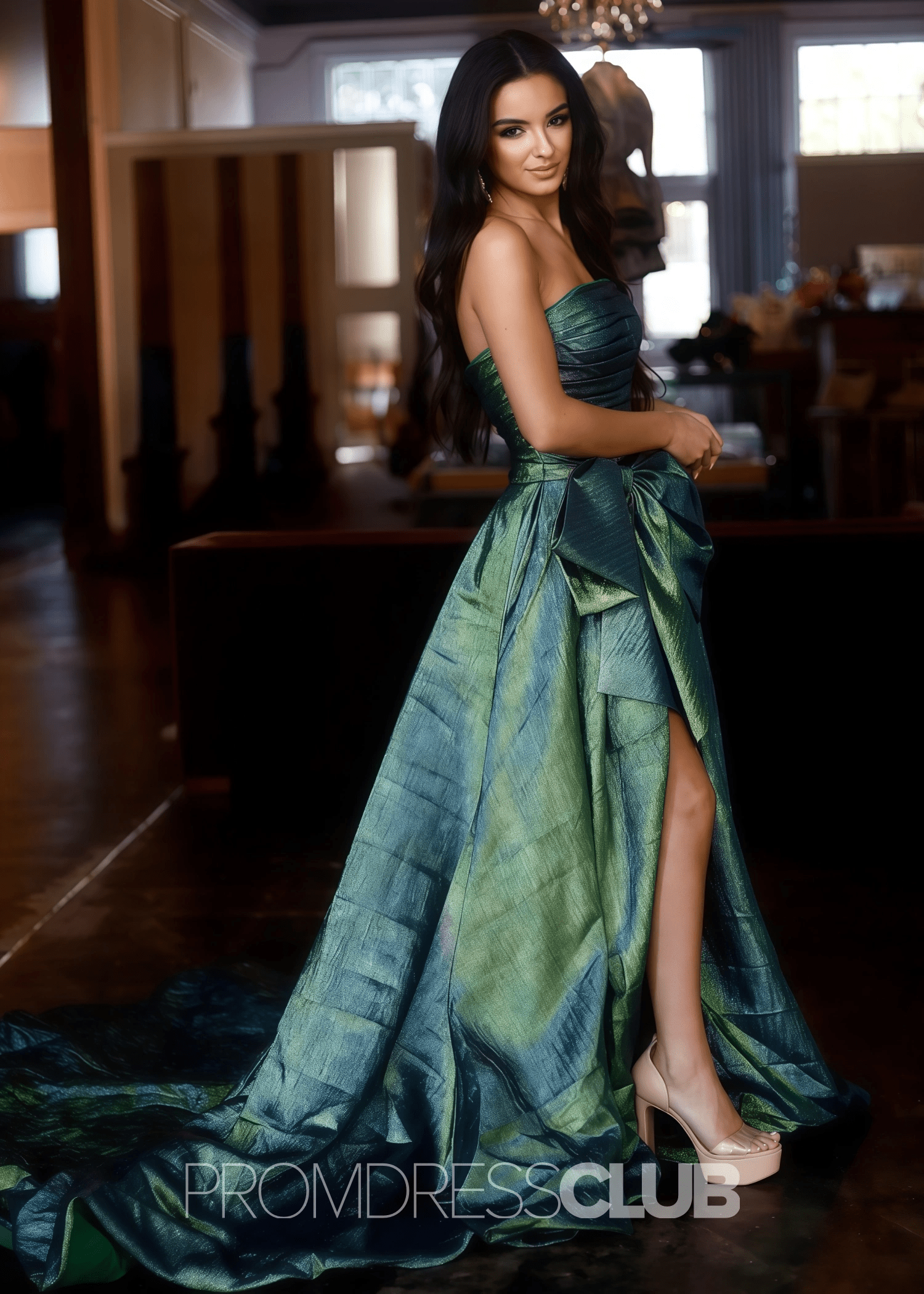 Erica |Long Royal Blue Prom Dress Metallic With A Line Strapless Bow - Emerald Green - PromDressClub