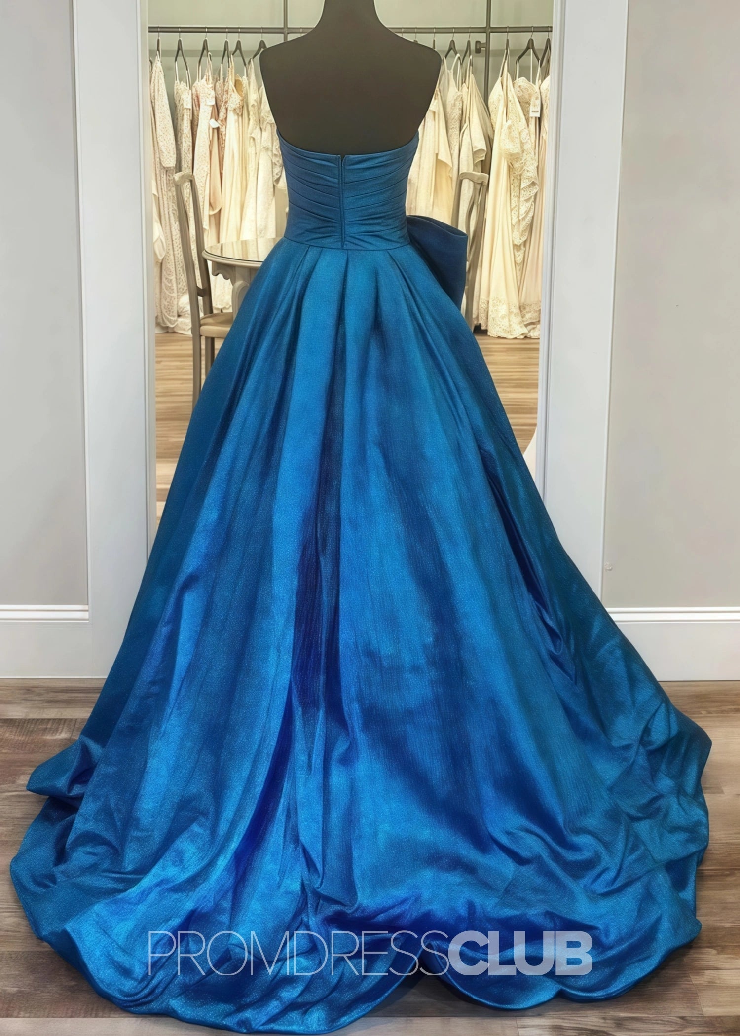 Erica |Long Royal Blue Prom Dress Metallic With A Line Strapless Bow - Royal Blue - PromDressClub