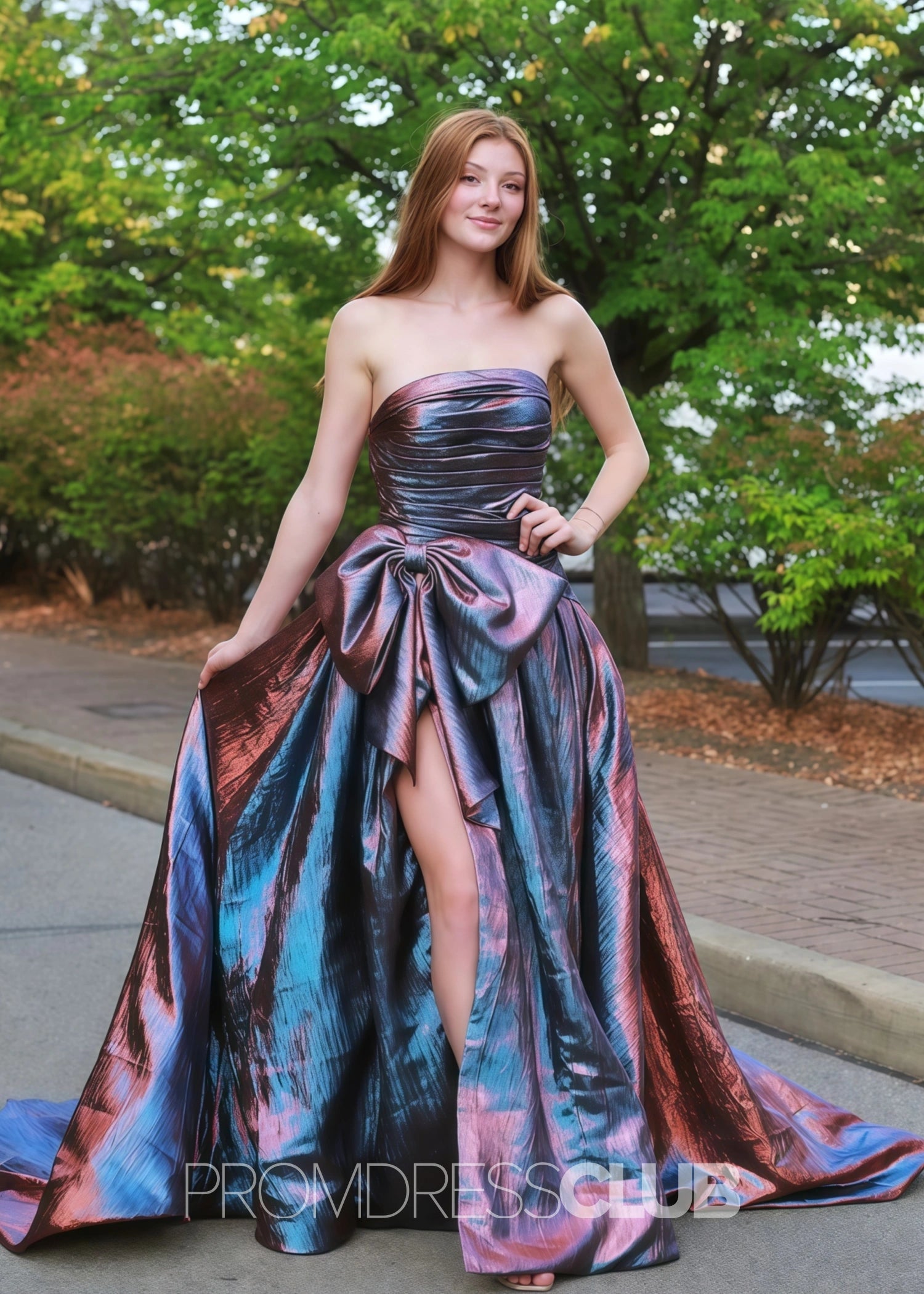 Erica |Long Royal Blue Prom Dress Metallic With A Line Strapless Bow - Turquoise - PromDressClub