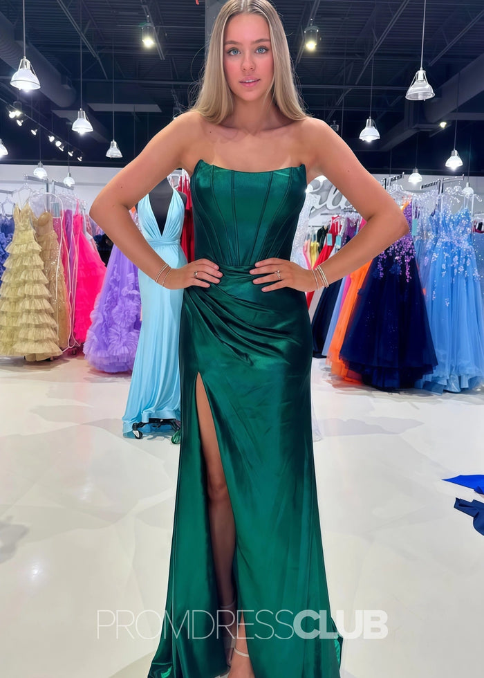 Erin |Long Purple Prom Dress Metallic With A Line Strapless Sheath Split - Dark Green - PromDressClub