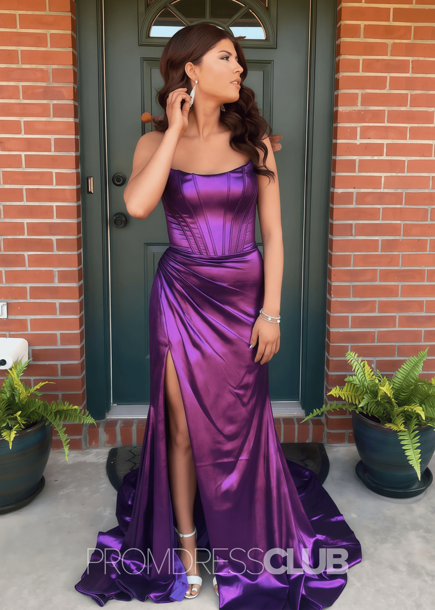 Erin |Long Purple Prom Dress Metallic With A Line Strapless Sheath Split - Purple - US0 - PromDressClub