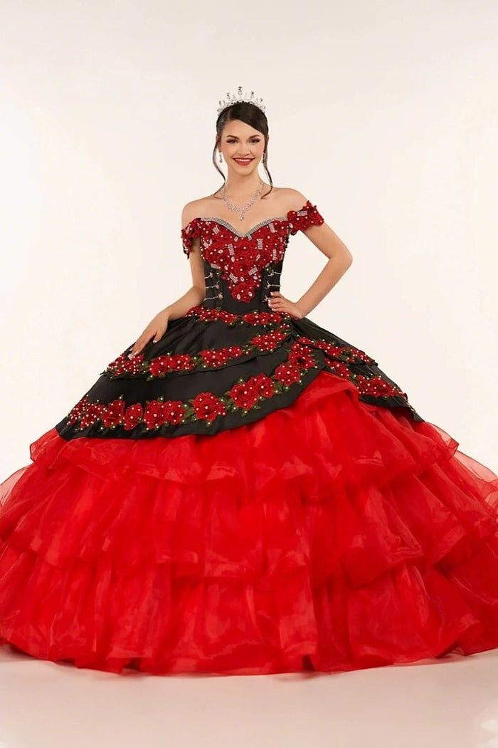 Erin | Stunning Red and Black Flower Quinceanera Dresses with Ruffles - Red - PromDressClub