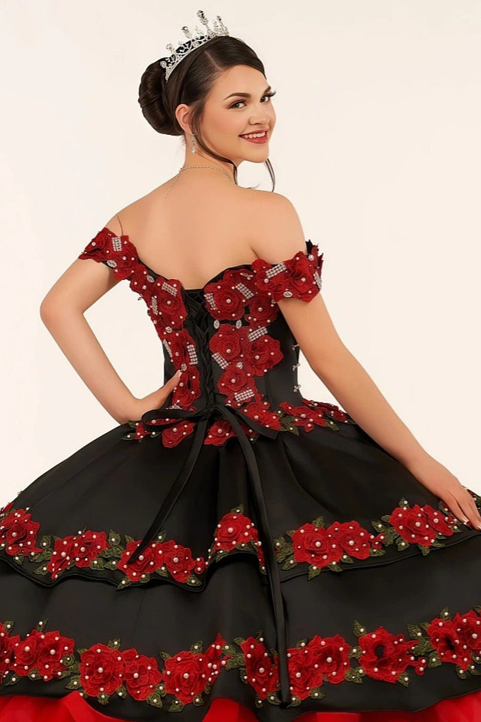 Erin | Stunning Red and Black Flower Quinceanera Dresses with Ruffles - Red - PromDressClub