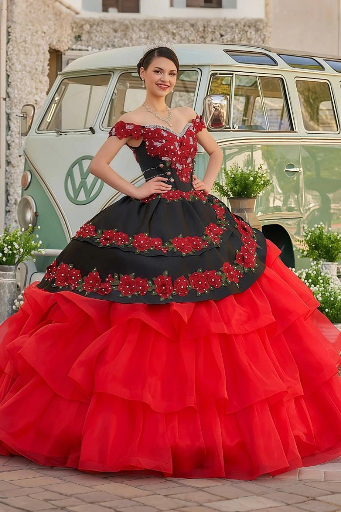 Erin | Stunning Red and Black Flower Quinceanera Dresses with Ruffles - Red - PromDressClub