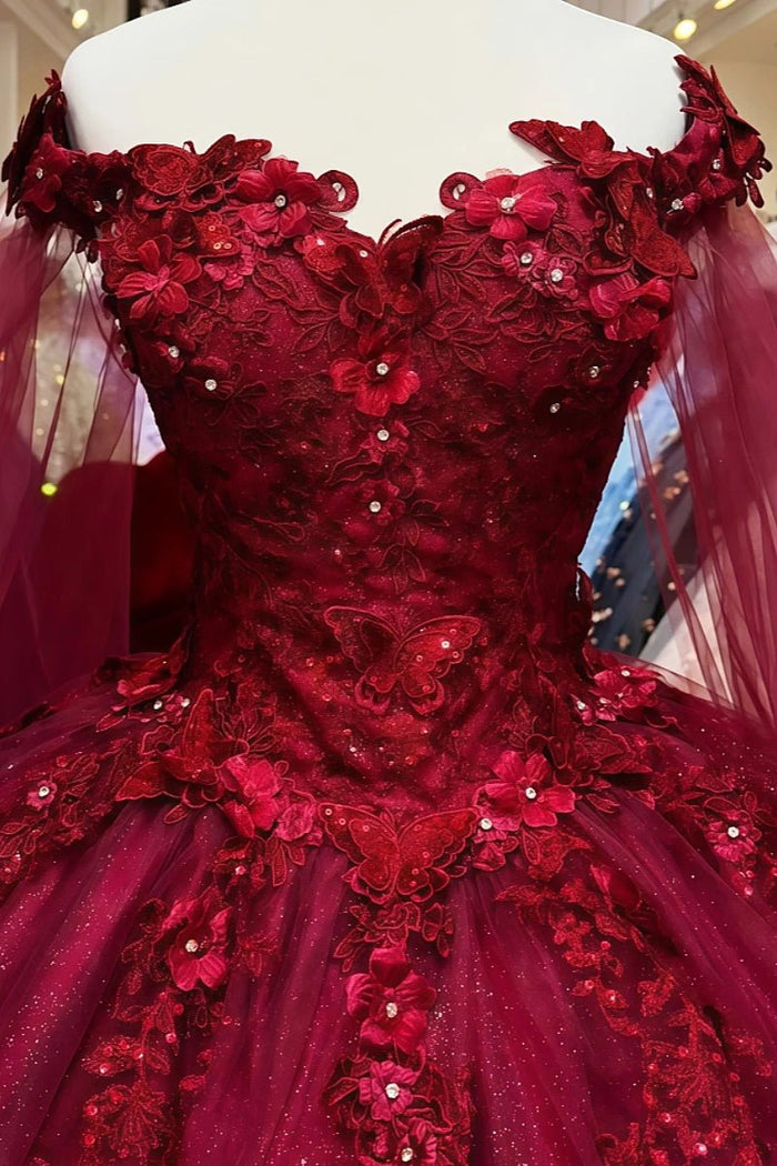 Estelle | Stunning Red/Emerald Green/Dusty Blue Lace Flower Off the Shoulder Quinceanera Dresses - Red - PromDressClub