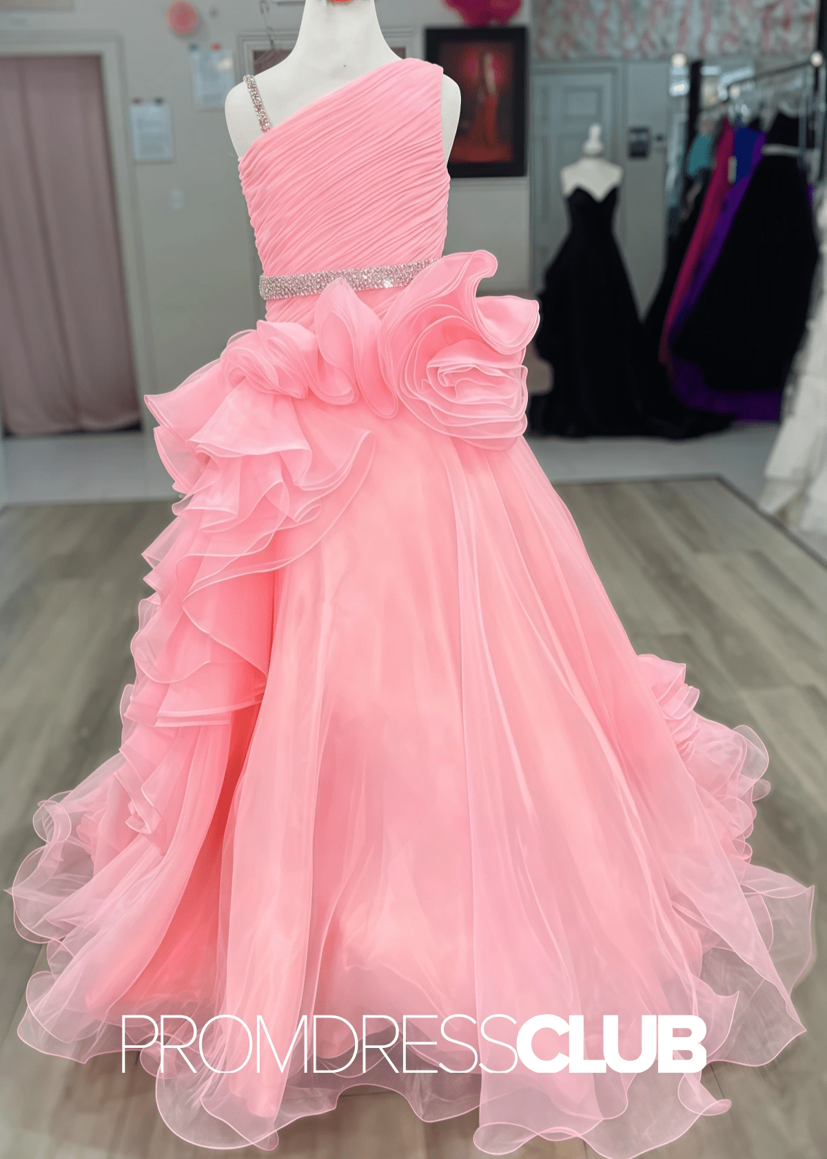 Esther | Asymmetrical Ruffle Long Pink Pageant Dresses - Light Pink - PromDressClub