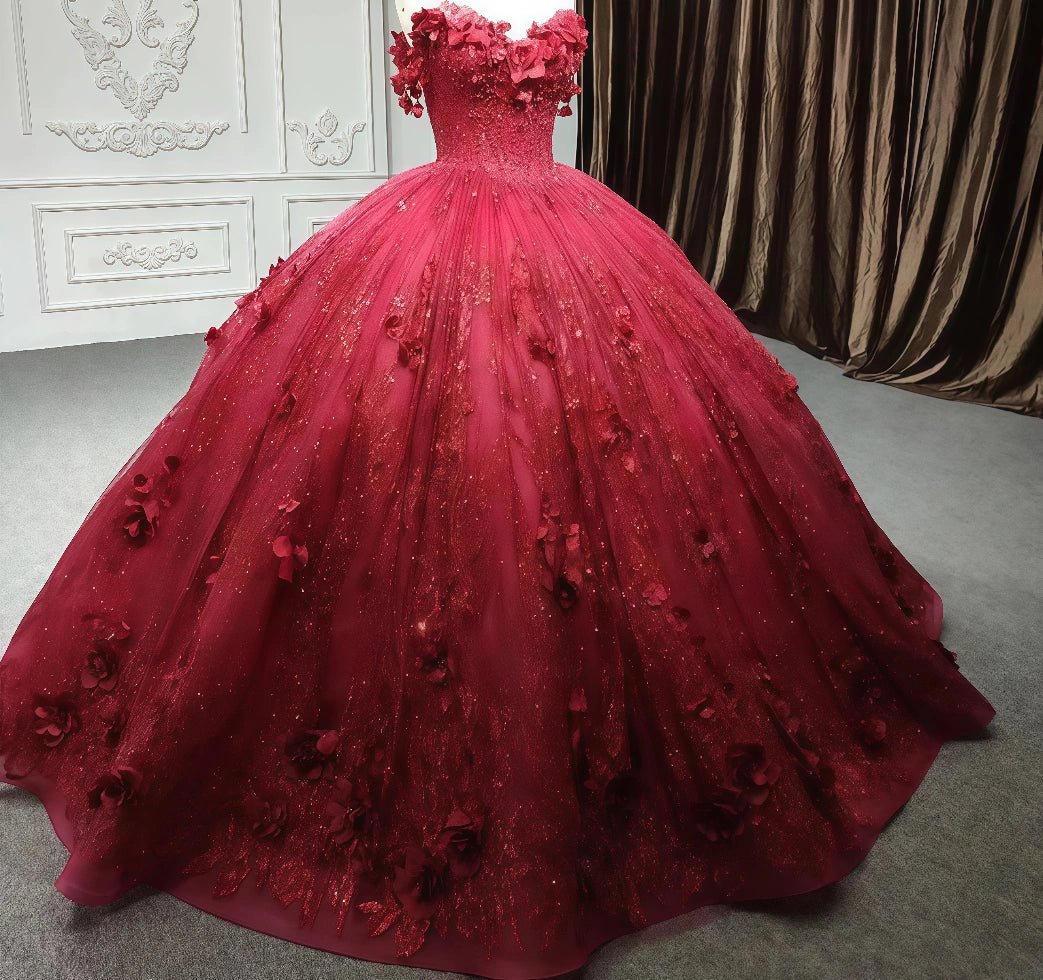 Esther | Gorgeous Red Beaded Quinceanera Flower Dresses for Memorable Occasions - Red - PromDressClub