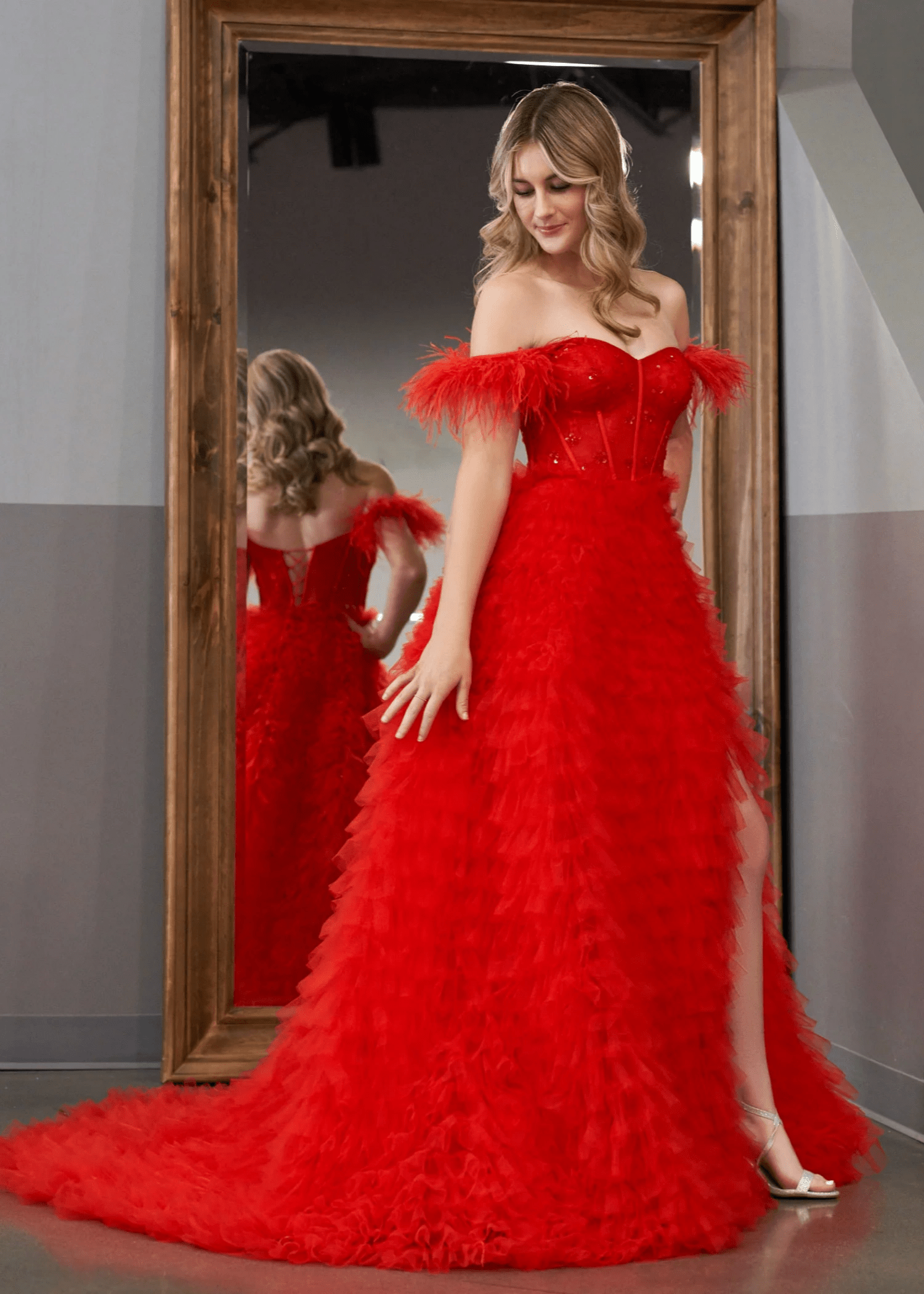 Eudora |A Line Sweetheart Tiered Pink Tulle Long Prom Dress With Slit - Red - US0 - PromDressClub