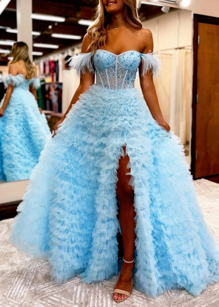 Eudora | Light Pink Red Ball Gown/Princess Off the Shoulder Feather Tulle Formal Dress with Slit - Light Blue - PromDressClub