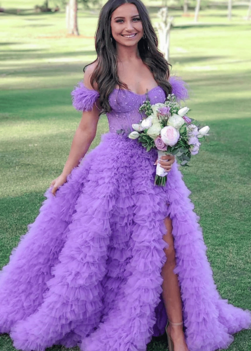 Eudora | Light Pink Red Ball Gown/Princess Off the Shoulder Feather Tulle Formal Dress with Slit - Purple - PromDressClub