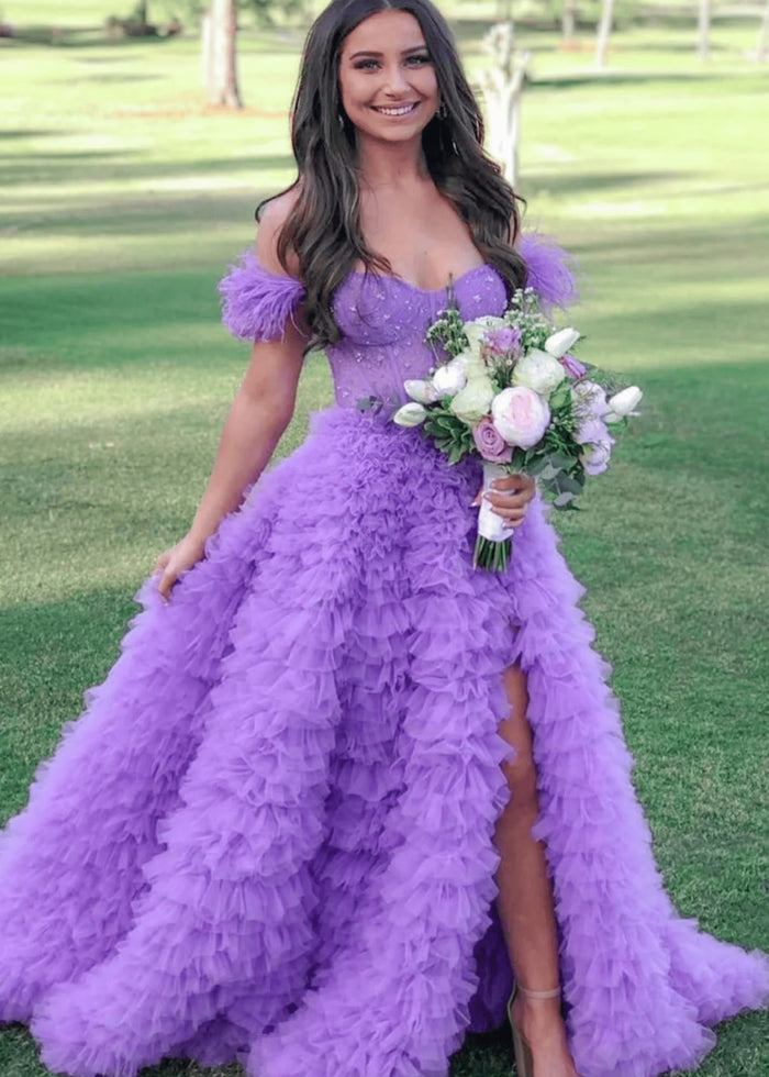 Eudora | Light Pink Red Ball Gown/Princess Off the Shoulder Feather Tulle Formal Dress with Slit - Purple - PromDressClub