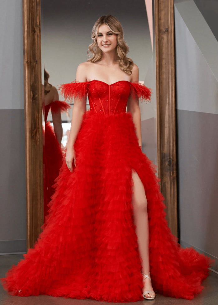Eudora | Light Pink Red Ball Gown/Princess Off the Shoulder Feather Tulle Formal Dress with Slit - Red - PromDressClub