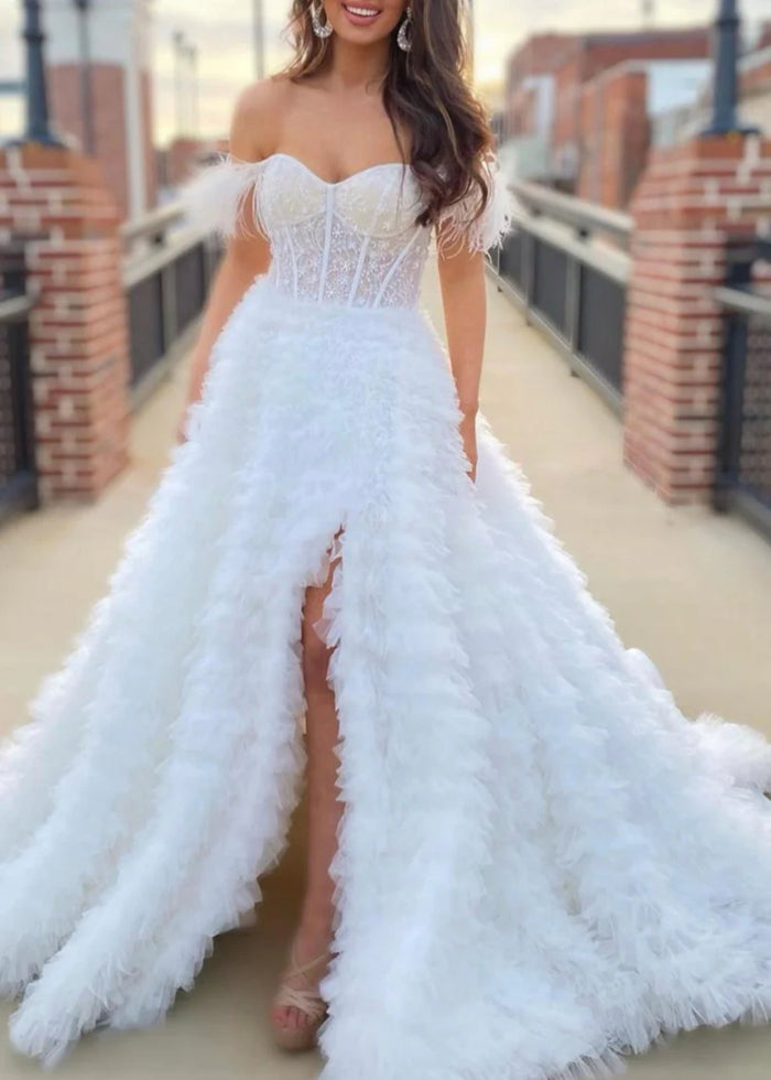 Eudora | Light Pink Red Ball Gown/Princess Off the Shoulder Feather Tulle Formal Dress with Slit - White - PromDressClub