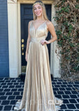 Eudora |Long Gold Prom Dress Metallic With A Line V Neck Plunging Pleated - Gold - US0 - PromDressClub