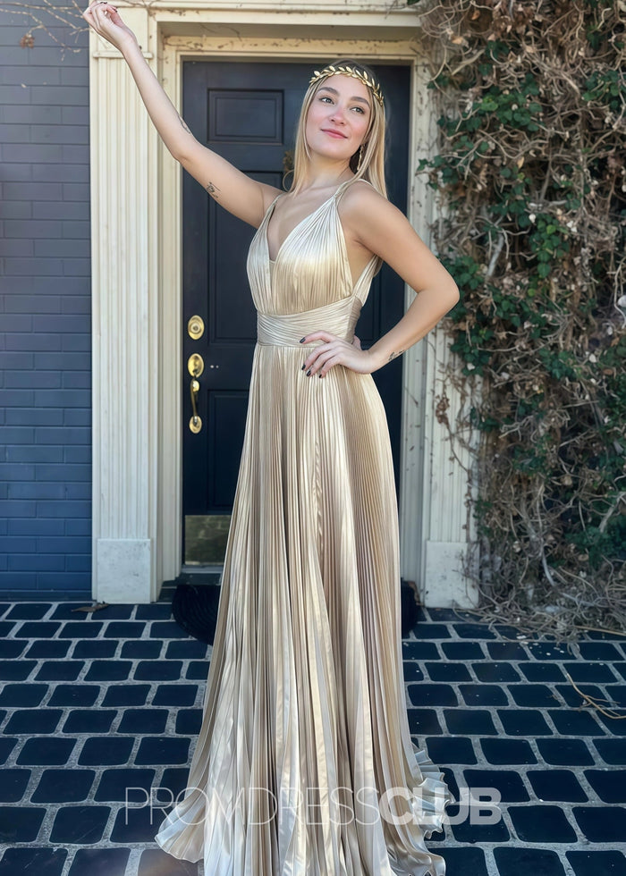 Eudora |Long Gold Prom Dress Metallic With A Line V Neck Plunging Pleated - Gold - PromDressClub